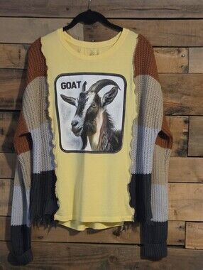 Upcycled Goat Graphic Yellow Tee with Striped Knit Cardigan
